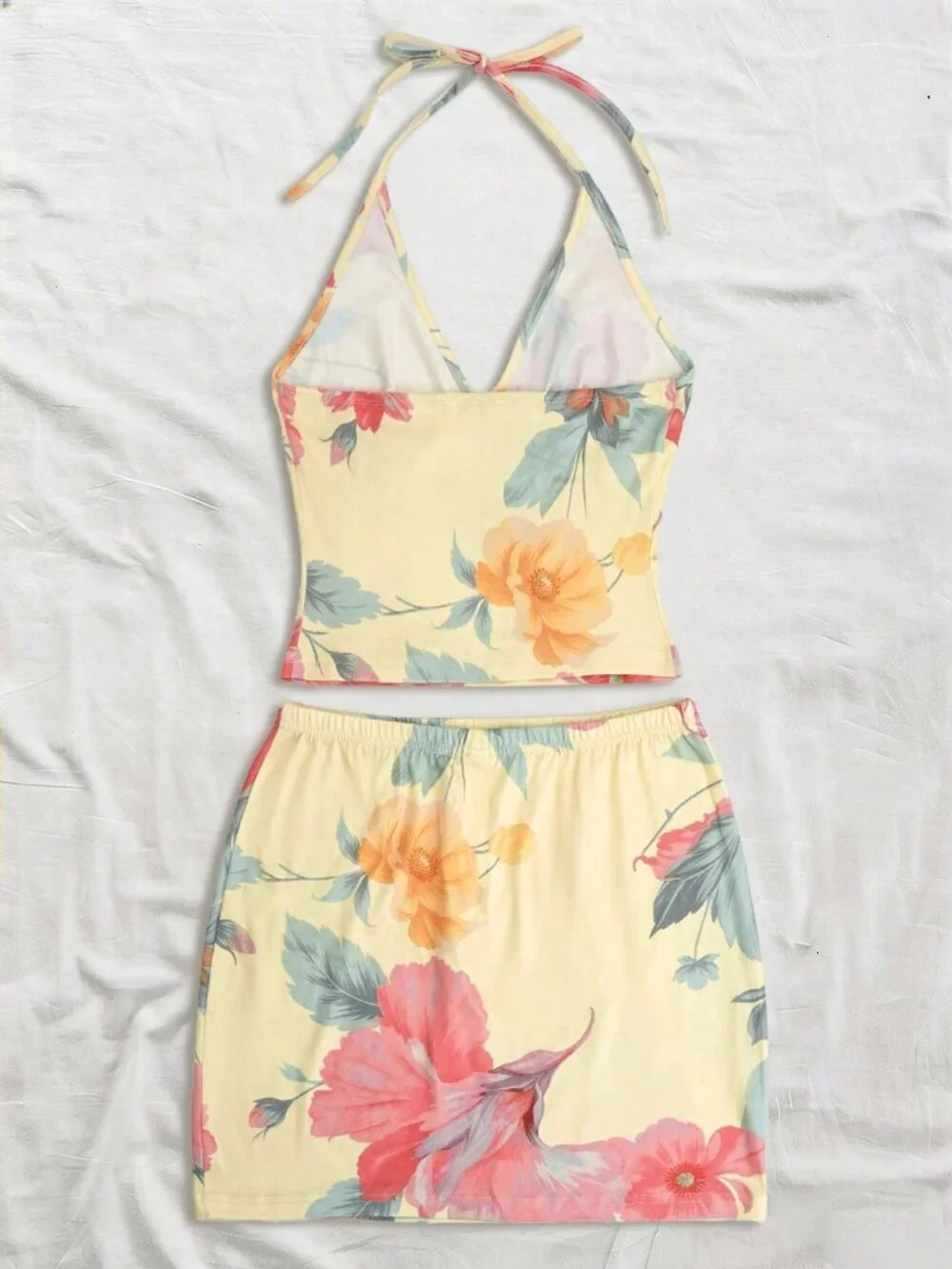 Multicolor Boho Women's Floral Spaghetti Strap Crop Top & Bodycon Mini Skirt Set